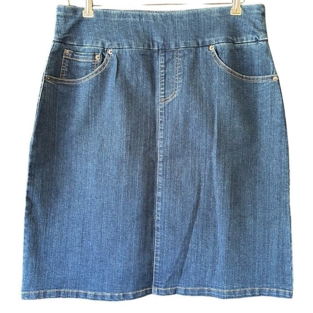 WinterSilks Denim Stretch Knee Length Skirt Women Size 12 Elastic Waist Pockets
